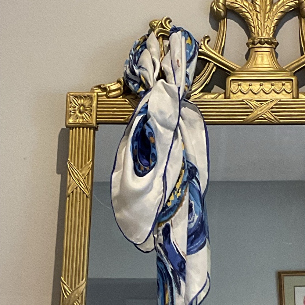 Chic White and Blue Patterned Faux Silk Satin Scarf
